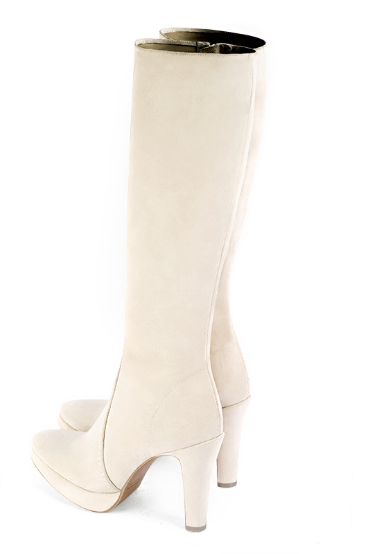Off white women's feminine knee-high boots. Round toe. Very high slim heel with a platform at the front. Made to measure. Rear view - Florence KOOIJMAN